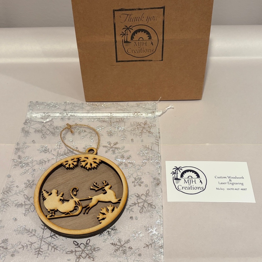 Santa’s Sleigh & Reindeer - Handmade Real Natural Wood Christmas Ornament
